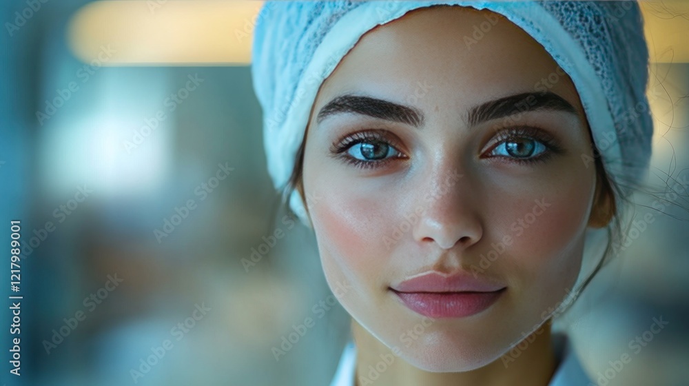 Confident woman, lab coat, sterile environment, food production background