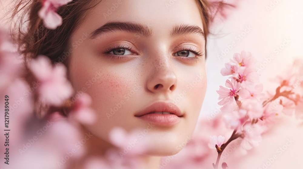 Beautiful woman with freckles posing among cherry blossoms in spring Beautiful woman with freckles posing among cherry blossoms in spring