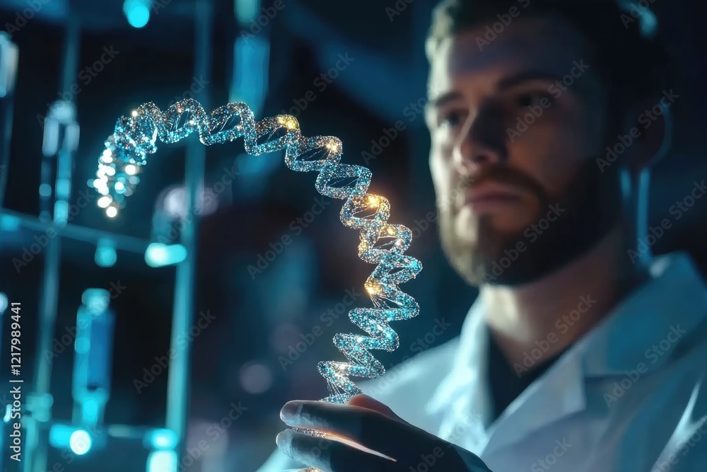 Fototapeta premium Laboratory researcher presenting: DNA structure, genetic research, molecular chain, lab investigation, scientific breakthrough, biological experiment, gene mapping, innovative study, genetic testing.
