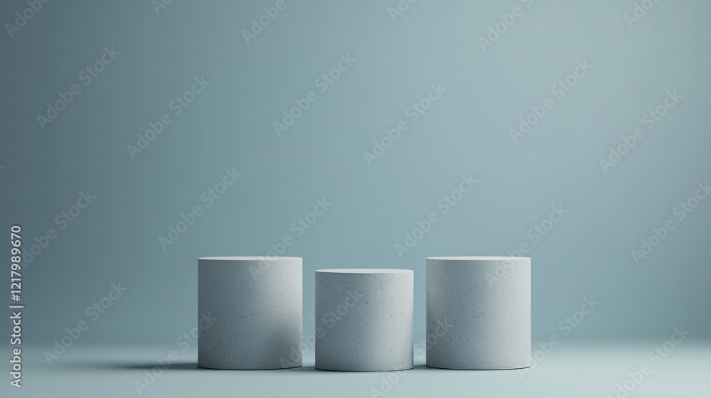 Three empty cylinder podiums for product placement on blue background Three empty cylinder podiums for product placement on blue background