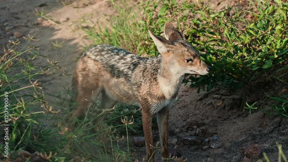 Black Backed Jackal seen standing in the grass at sunrise in Tanzanias Serengeti Black Backed Jackal seen standing in the grass at sunrise in Tanzanias Serengeti