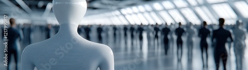 Wallpaper Mural Abstract representation of a futuristic scenario with humanoid figures in a spacious environment, showcasing concepts of technology, isolation, and digital presence. Torontodigital.ca