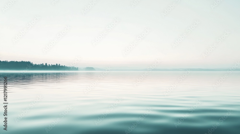 Obraz premium Serene misty lake at dawn, tranquil water reflecting soft light, peaceful atmosphere.