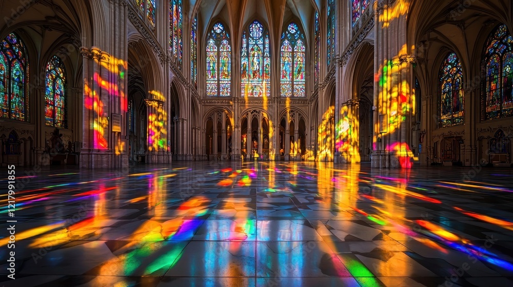 Obraz premium Cathedral interior with vibrant stained-glass light reflections on the floor.