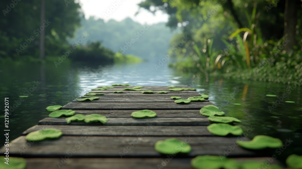 Fototapeta premium Serene wooden dock extends over calm, green water, surrounded by lush foliage.
