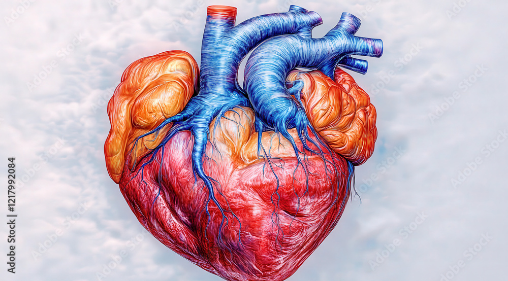 Naklejka premium A model of a human heart with red arteries and blue veins
