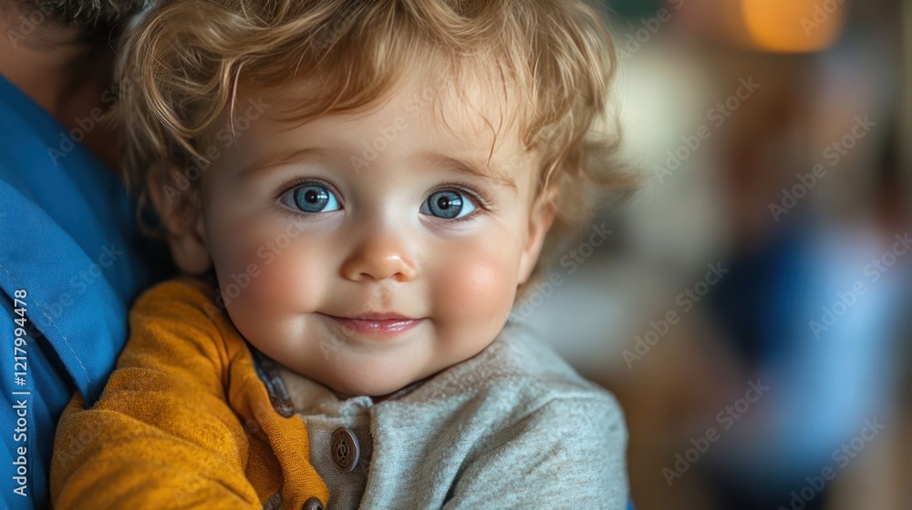 Toddler, father's shoulder, cafe, happy, blurry background, family portrait Toddler, father's shoulder, cafe, happy, blurry background, family portrait
