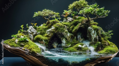 Intricately styled bonsai resembling a tiny rainforest, complete with mossy branches and vibrant leaves photo