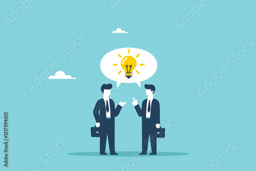 Two young entrepreneurs discussing business with a message bubble symbol containing a glowing light bulb