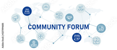 Community Forum icon set communication unity group people interaction social relations gather meeting development design outline collection