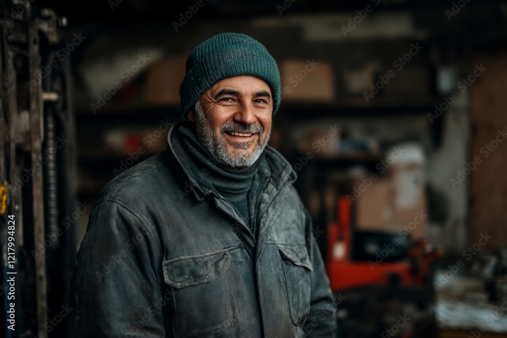Portrait Of A Smiling Mature Man In A Workshop Portrait Of A Smiling Mature Man In A Workshop