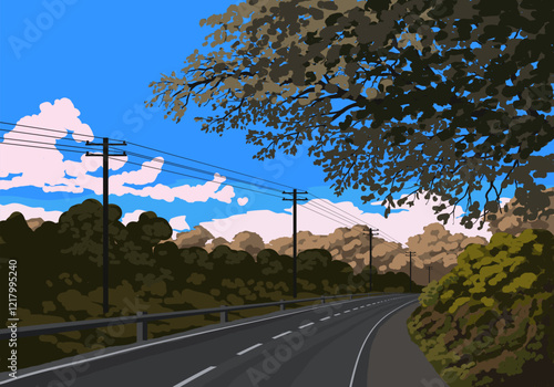 Illustration of road in the forest with blue sky