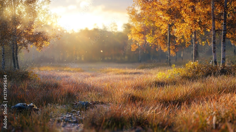 Fototapeta premium Golden autumn sunrise in a birch forest.