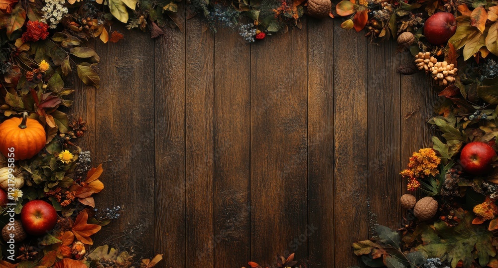 Fototapeta premium Autumn Harvest Tabletop Arrangement with Colorful Leaves, Pumpkins, Apples, Nuts, and Flowers on a Rustic Wooden Background for Seasonal Decor Ideas