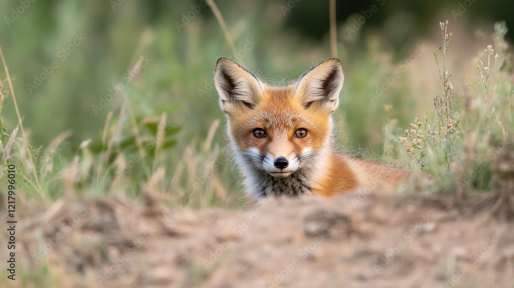 Fototapeta premium Fox kit nuzzling with mother at sunset creates a heartwarming moment