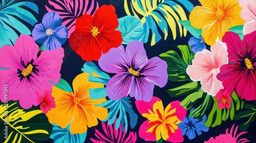 Wallpaper Mural Vibrant tropical floral pattern with hibiscus, palm leaves, and exotic flowers on a dark background. Torontodigital.ca