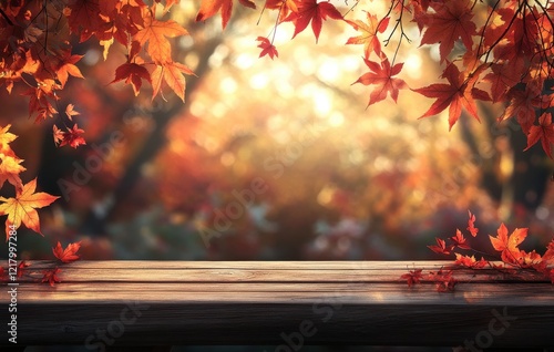 Beautiful Autumn Scene with Vibrant Red and Orange Maple Leaves Framing a Wooden Table Overlooking a Softly Blurred Natural Background photo