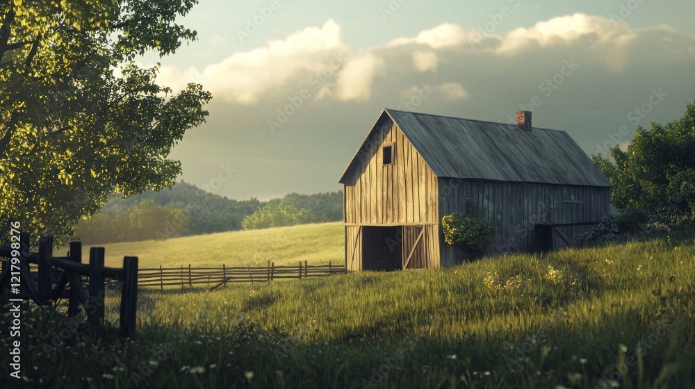 Rustic wooden barn in a sunlit field. Rustic wooden barn in a sunlit field.