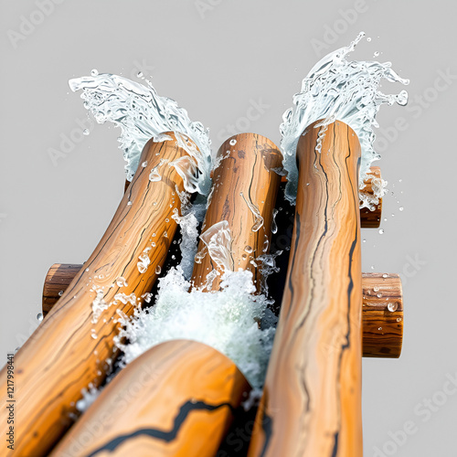 realistic log flume ride with water splashing over edges, isolated on transparency background, showcasing wooden texture and dynamic motion photo