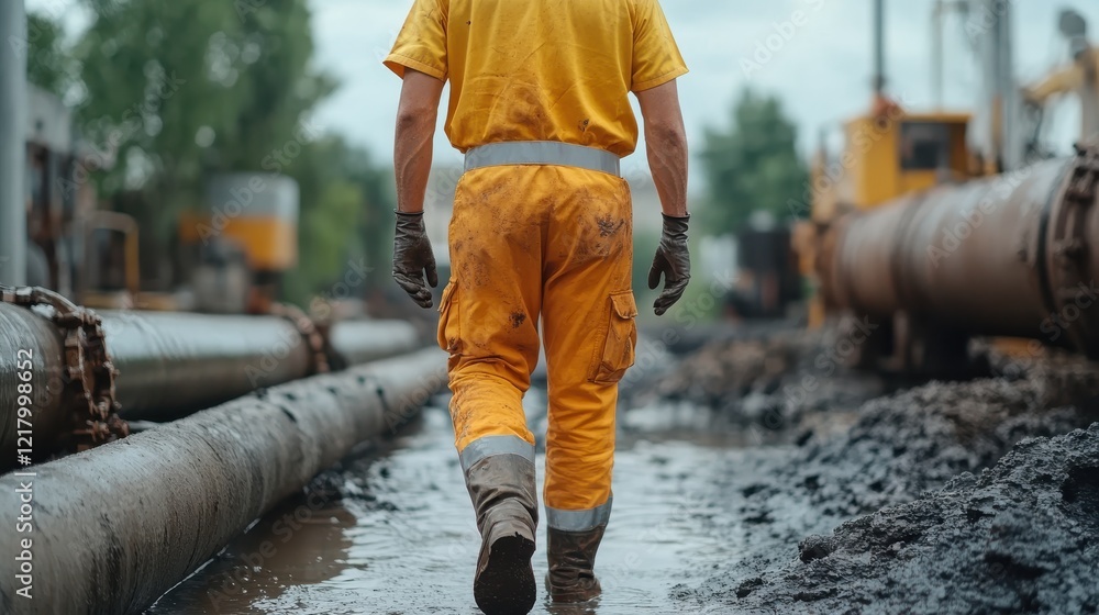 Engineer checks pipeline systems while ensuring safety protocols in field