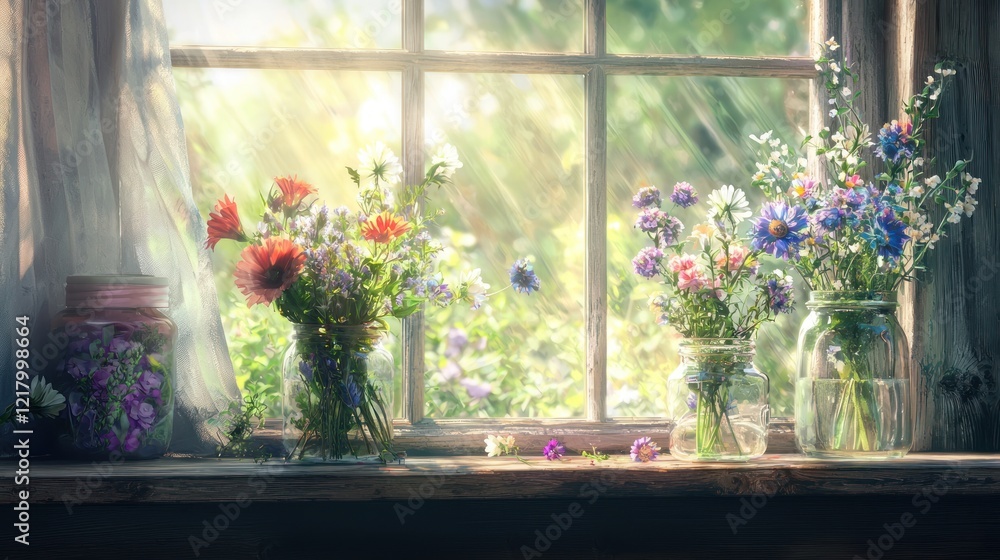 Sunlit wildflowers in glass jars on rustic windowsill. Sunlit wildflowers in glass jars on rustic windowsill.