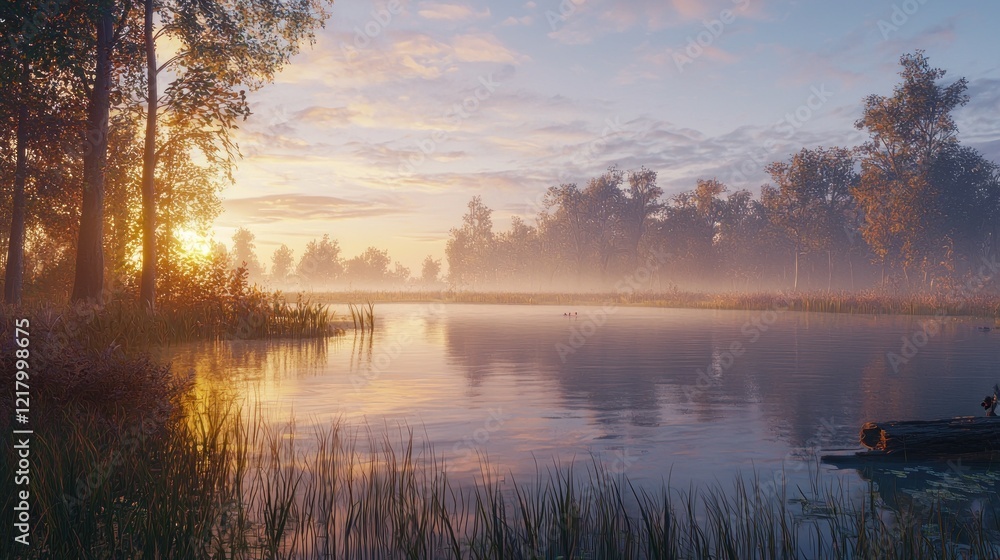Serene sunrise over misty lake with trees and calm water. Serene sunrise over misty lake with trees and calm water.