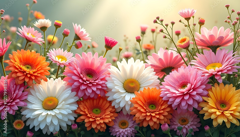 A dynamic floral wall filled with blooming chrysanthemums, daisies, and other wildflowers, bursting with radiant colors and natural beauty. A dynamic floral wall filled with blooming chrysanthemums, daisies, and other wildflowers, bursting with radiant colors and natural beauty.