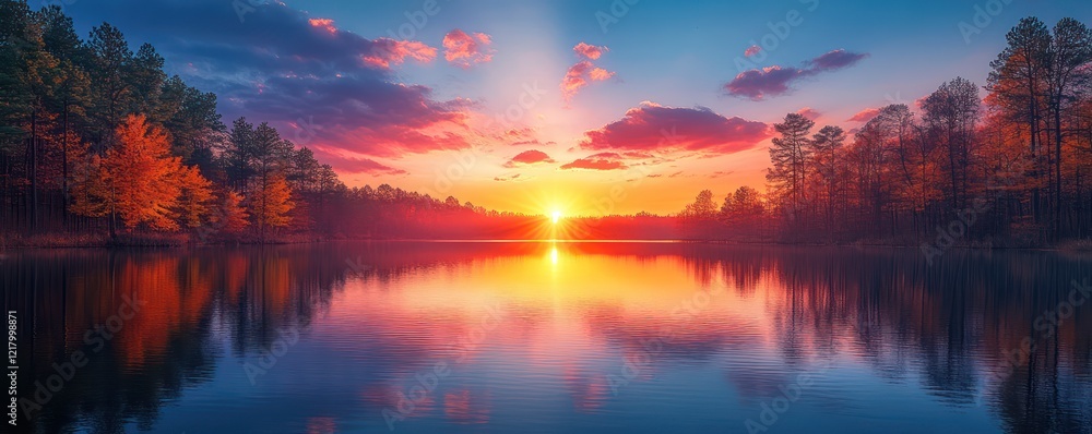 Fototapeta premium Majestic Sunset over Serene Lake and Autumnal Forest