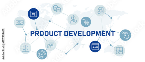 Product Development icon set production manufacturing brand industry testing data research innovation market management design outline collection