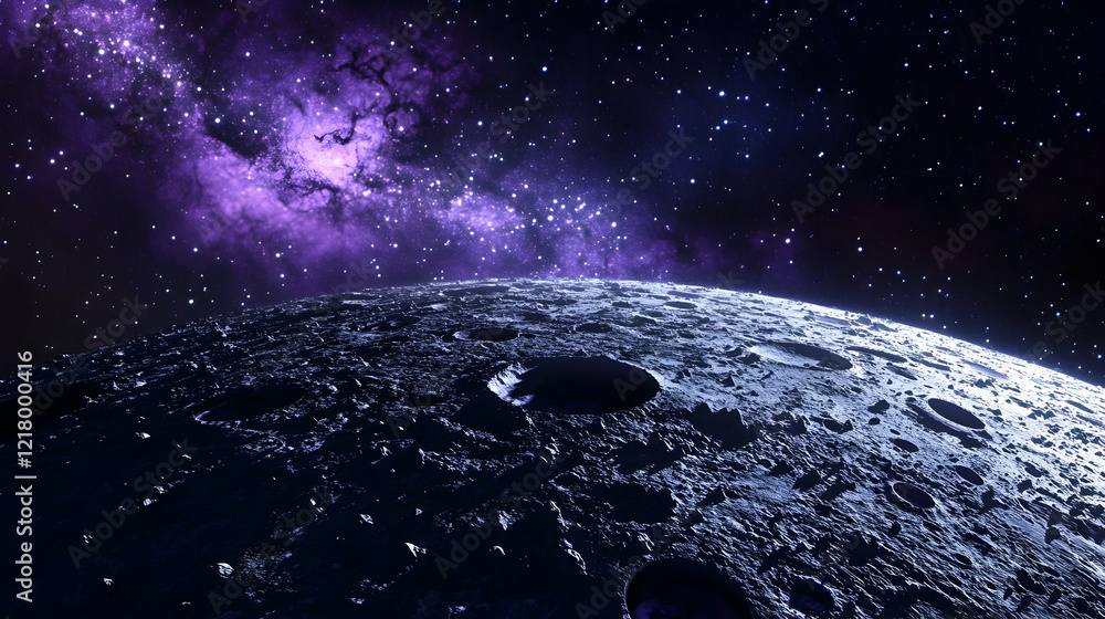 Fototapeta premium Moon surface, purple nebula, space exploration, cosmic background, science fiction