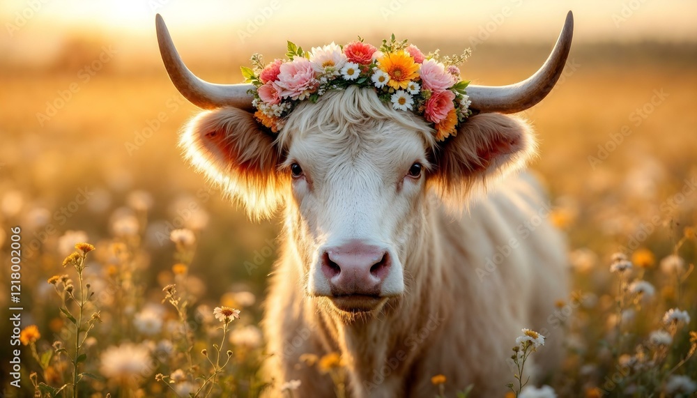 Cute albino cow cattle heifer bull highland longhorn with horns and a flowery crown in spring in a field Cute albino cow cattle heifer bull highland longhorn with horns and a flowery crown in spring in a field