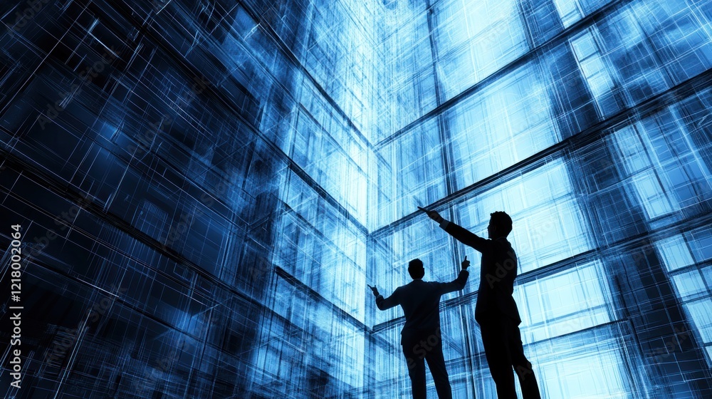 Businessmen analyzing data structure, futuristic city backdrop Businessmen analyzing data structure, futuristic city backdrop