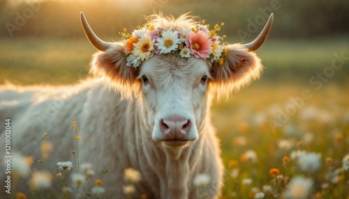 Cute albino cow cattle heifer bull highland longhorn with horns and a flowery crown in spring in a field