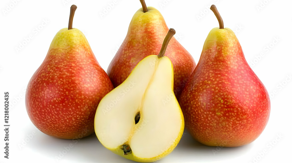 Ripe red pears, cut in half, white background, healthy food Ripe red pears, cut in half, white background, healthy food
