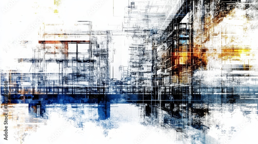 Obraz premium Abstract architecture with white gray concrete walls, blue glass, overlapping geometric shapes. Modern office skyscrapers facades in Japanese cities showcased through vibrant multi-exposure effects