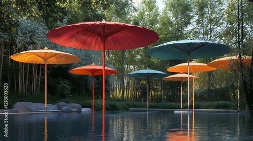 Wallpaper Mural Colorful Umbrellas Over a Still Pond Torontodigital.ca