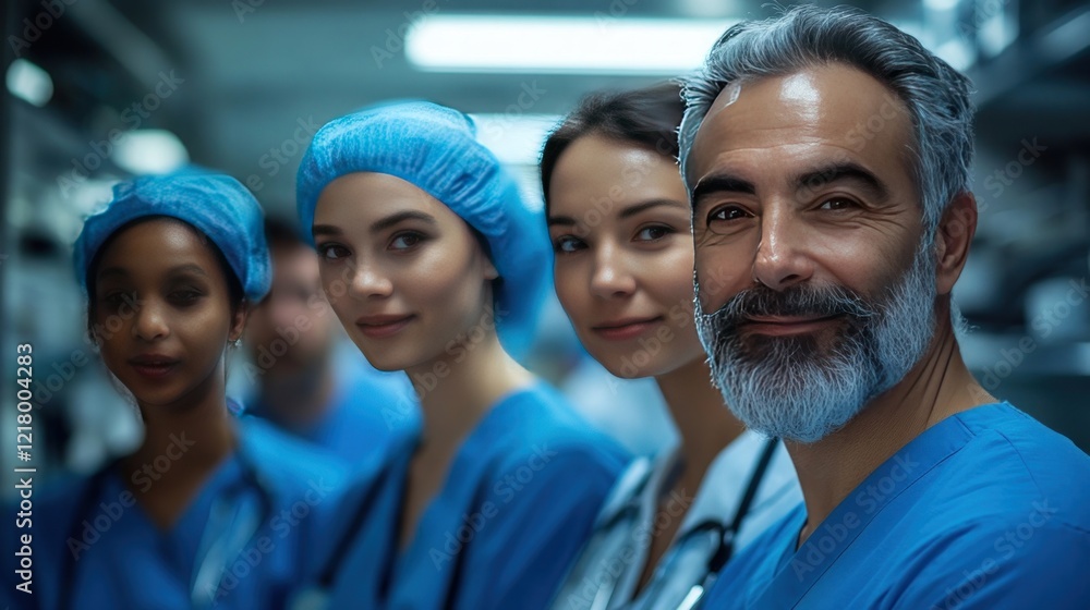 Confident medical team posing in hospital, background blurred Confident medical team posing in hospital, background blurred