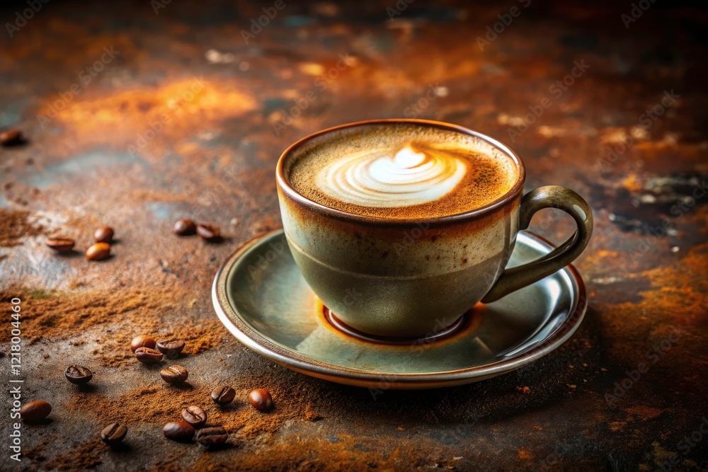 Aged Metal Cappuccino Photo - High Depth of Field Coffee Drink Image Aged Metal Cappuccino Photo - High Depth of Field Coffee Drink Image