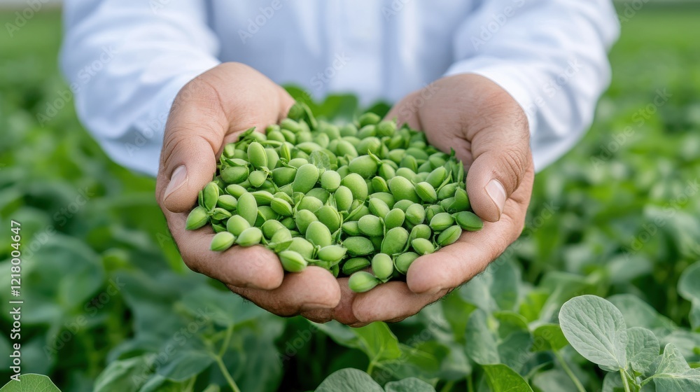 Bountiful harvest of sweet snow peas held by skilled hands in lush fields Bountiful harvest of sweet snow peas held by skilled hands in lush fields