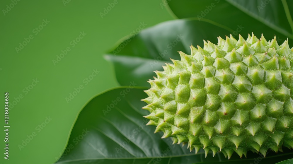 Spiky soursop fruit nestled among fresh green leaves in a vibrant setting