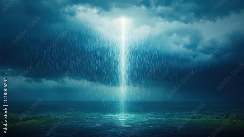 A beam of light breaking through heavy rain clouds, hope and renewal, wide view A beam of light breaking through heavy rain clouds, hope and renewal, wide view