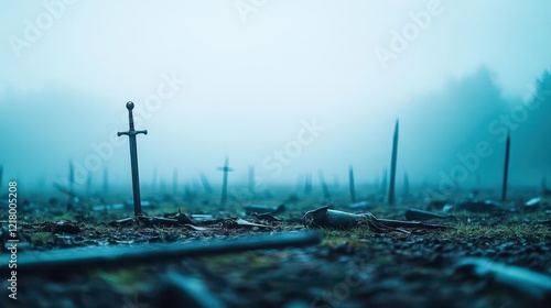 A battlefield littered with broken weapons and armor, with fog rolling in, somber tones photo