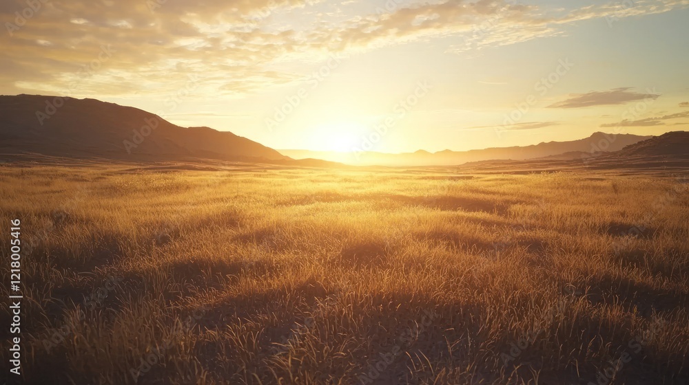 Obraz premium Golden sunset over a vast, grassy plain with mountains in the distance.