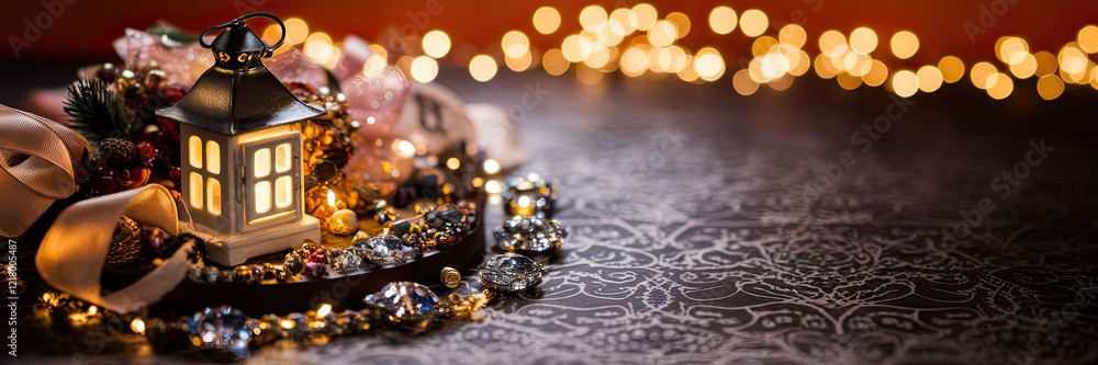 Festive Christmas Lantern Gems Lights Ribbon Festive Christmas Lantern Gems Lights Ribbon