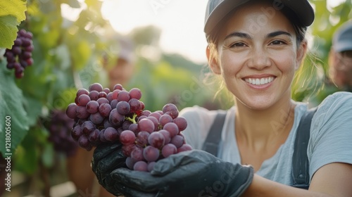 Workers harvest ripe grapes in a sunlit vineyard during grape picking season photo