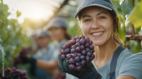 Harvesting grapes in a bountiful vineyard under the warm sun photo