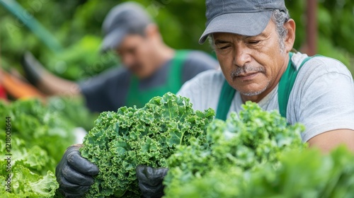 Gathering fresh kale leaves in lush fields during harvesting season photo