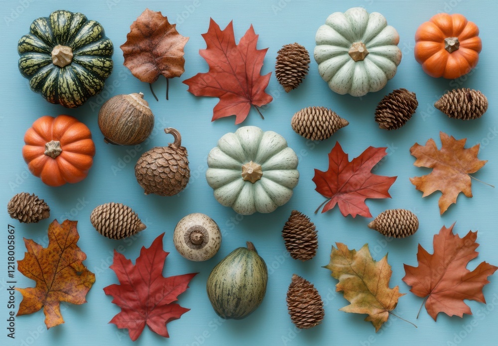 Colorful Autumn Arrangement Featuring Pumpkins, Pinecones, and Maple Leaves on a Soft Blue Background, Ideal for Seasonal Decor and Harvest Celebrations Colorful Autumn Arrangement Featuring Pumpkins, Pinecones, and Maple Leaves on a Soft Blue Background, Ideal for Seasonal Decor and Harvest Celebrations