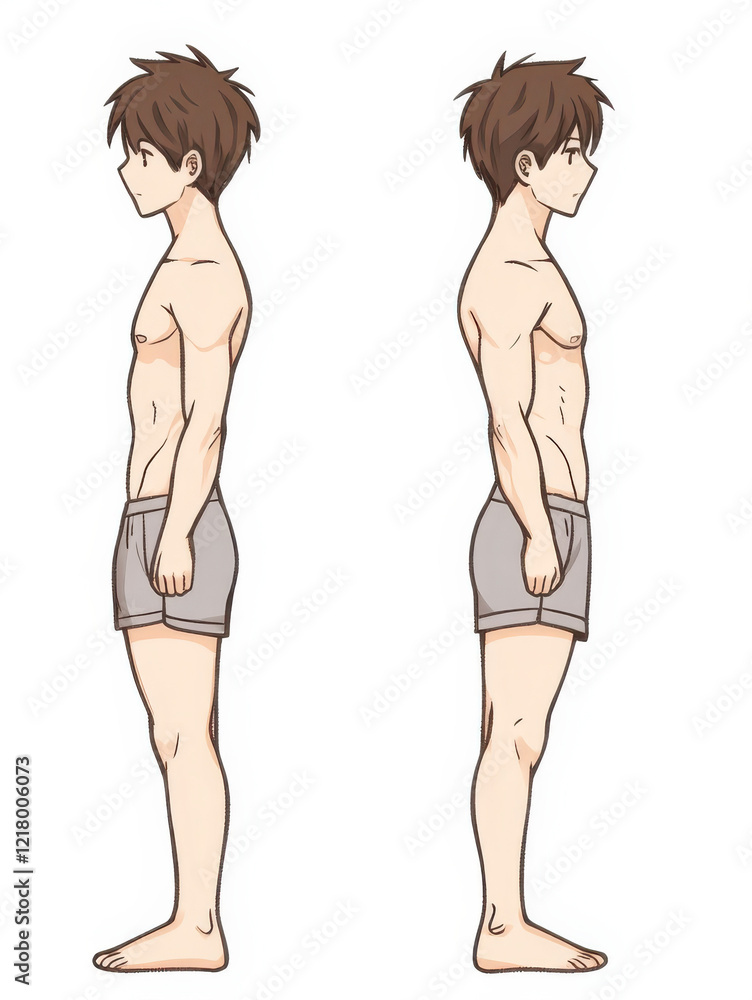 Two men are standing side by side, one of them is wearing a grey pair of shorts