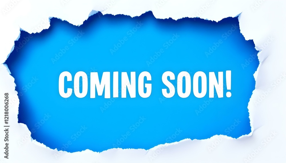 A white background with torn paper revealing bright blue underneath, displaying bold white text reading ‘COMING SOON! A white background with torn paper revealing bright blue underneath, displaying bold white text reading ‘COMING SOON!